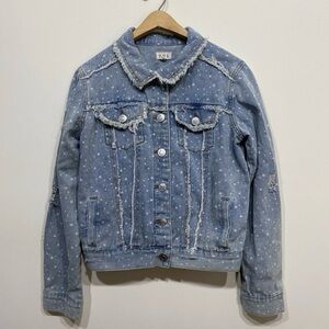 POL Womens Blue Distressed Denim Jacket Size Small Star Western Boho Americana